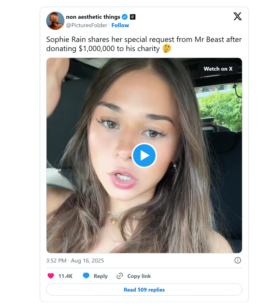Sophie Rain Donation requested from Mr.Beast